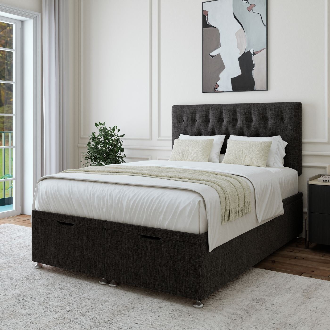 Linen Ottoman Storage Bed - Charcoal