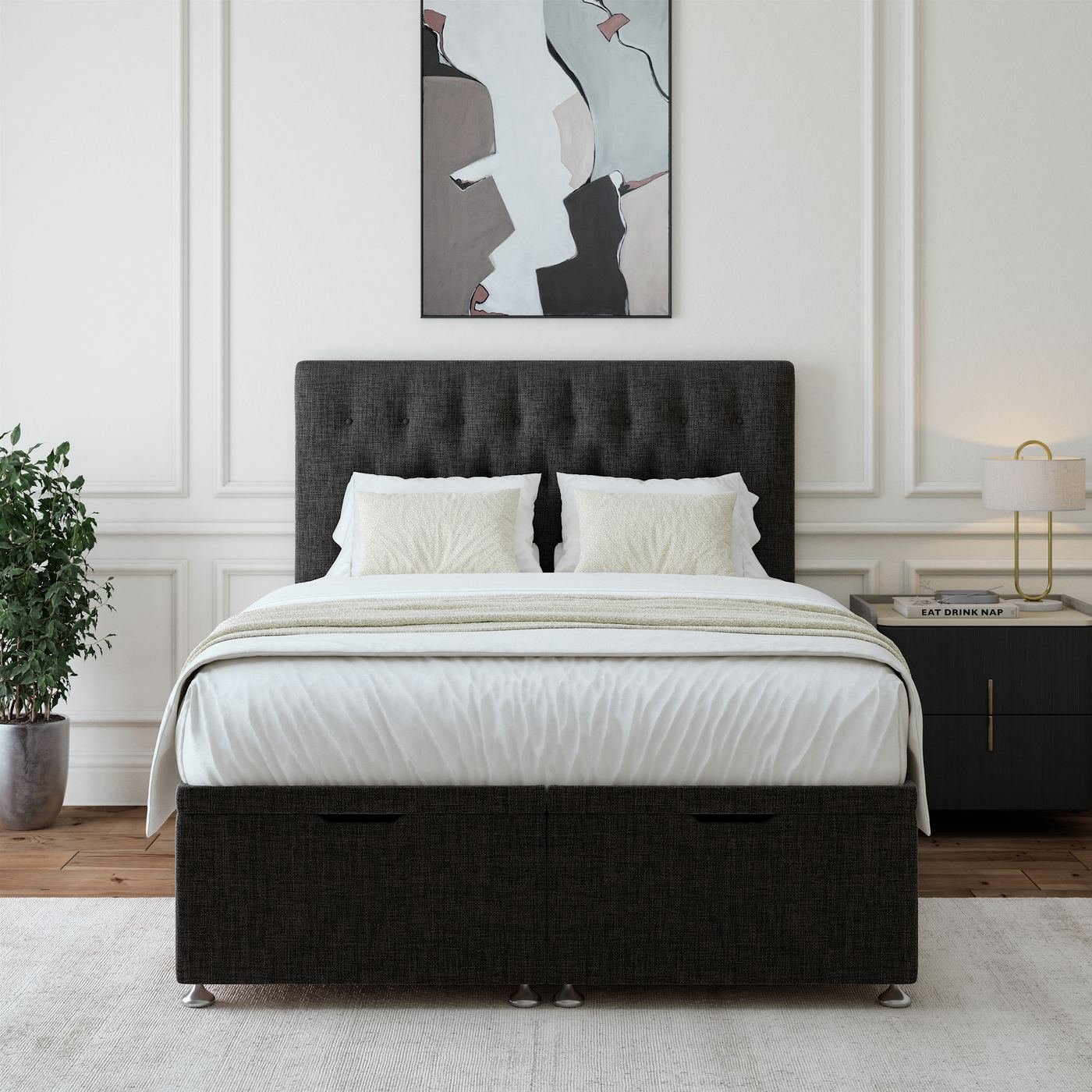 Linen Ottoman Storage Bed - Charcoal