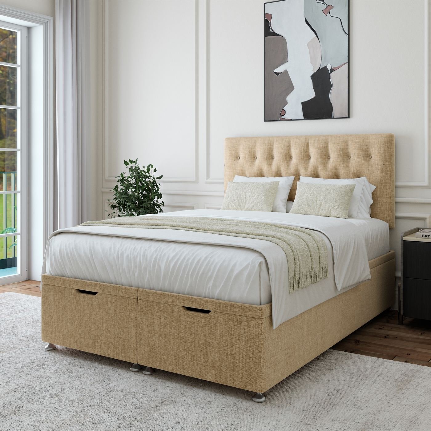 Linen Ottoman Storage Bed - Cream