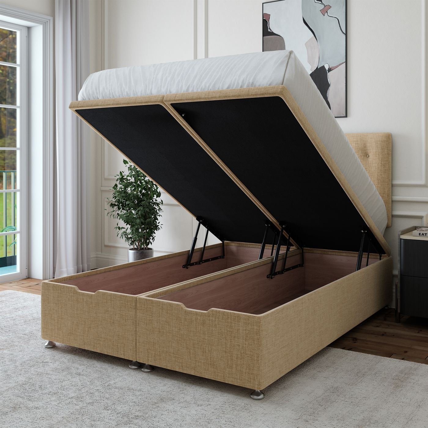 Linen Ottoman Storage Bed - Cream