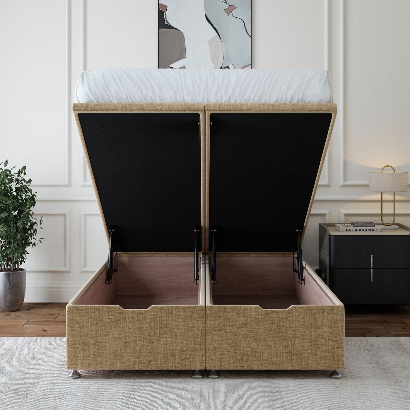 Linen Ottoman Storage Bed - Cream