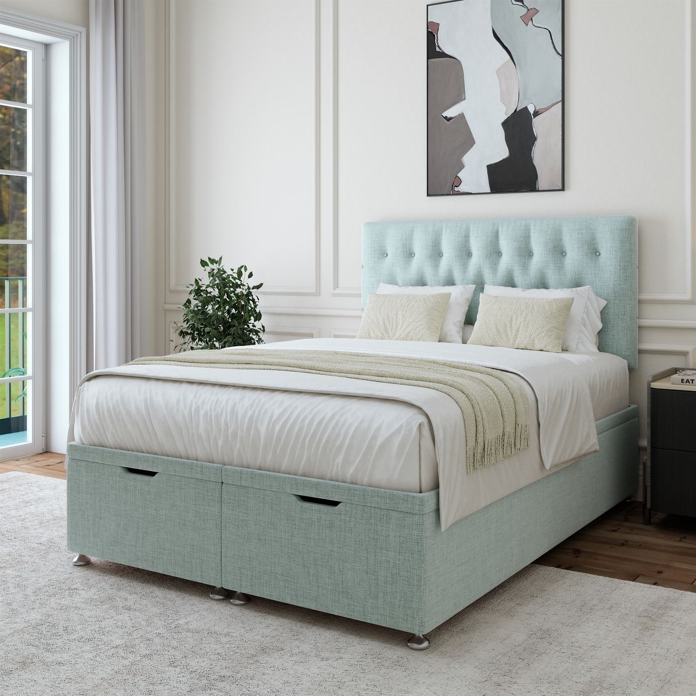 Linen Ottoman Storage Bed - Duck Egg