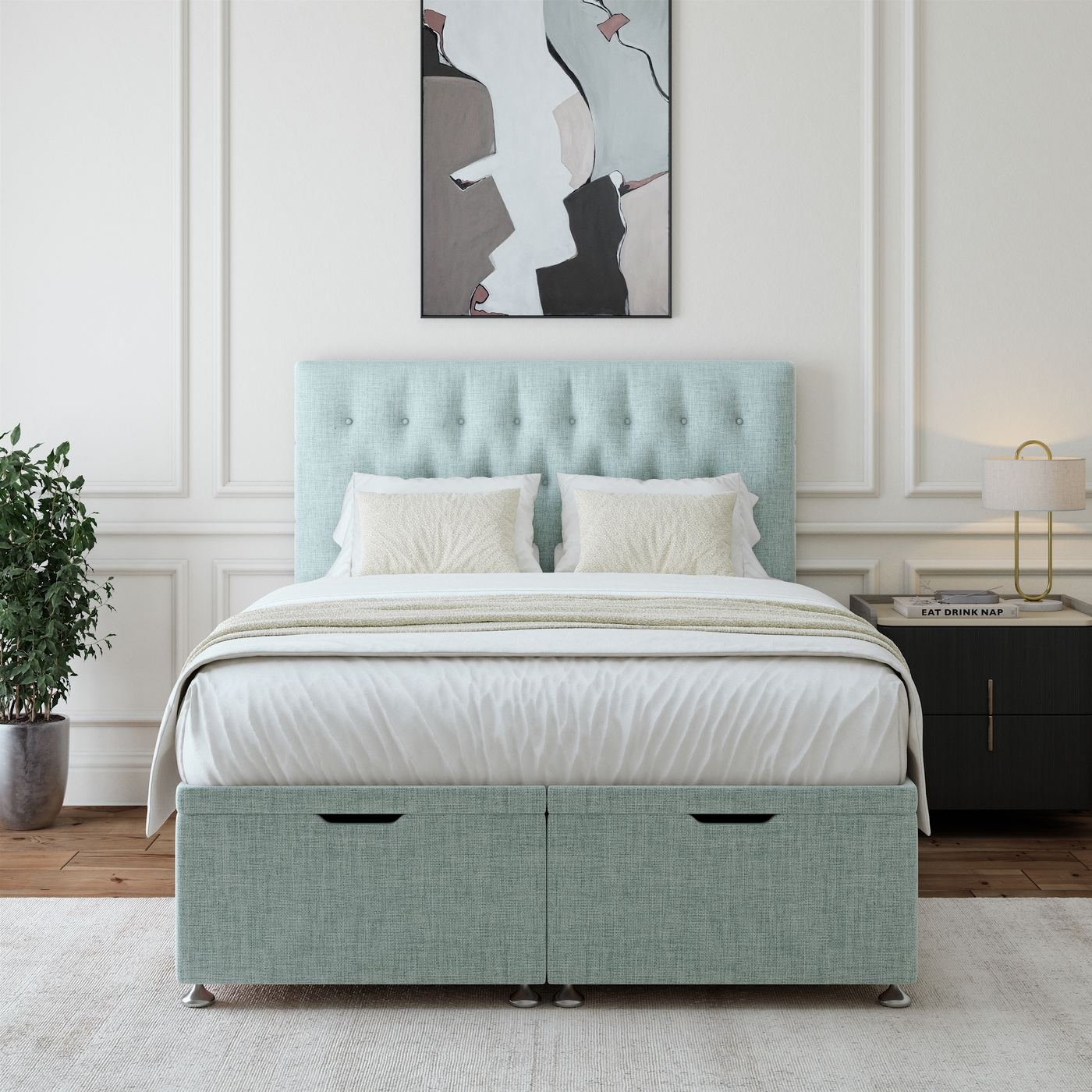 Linen Ottoman Storage Bed - Duck Egg