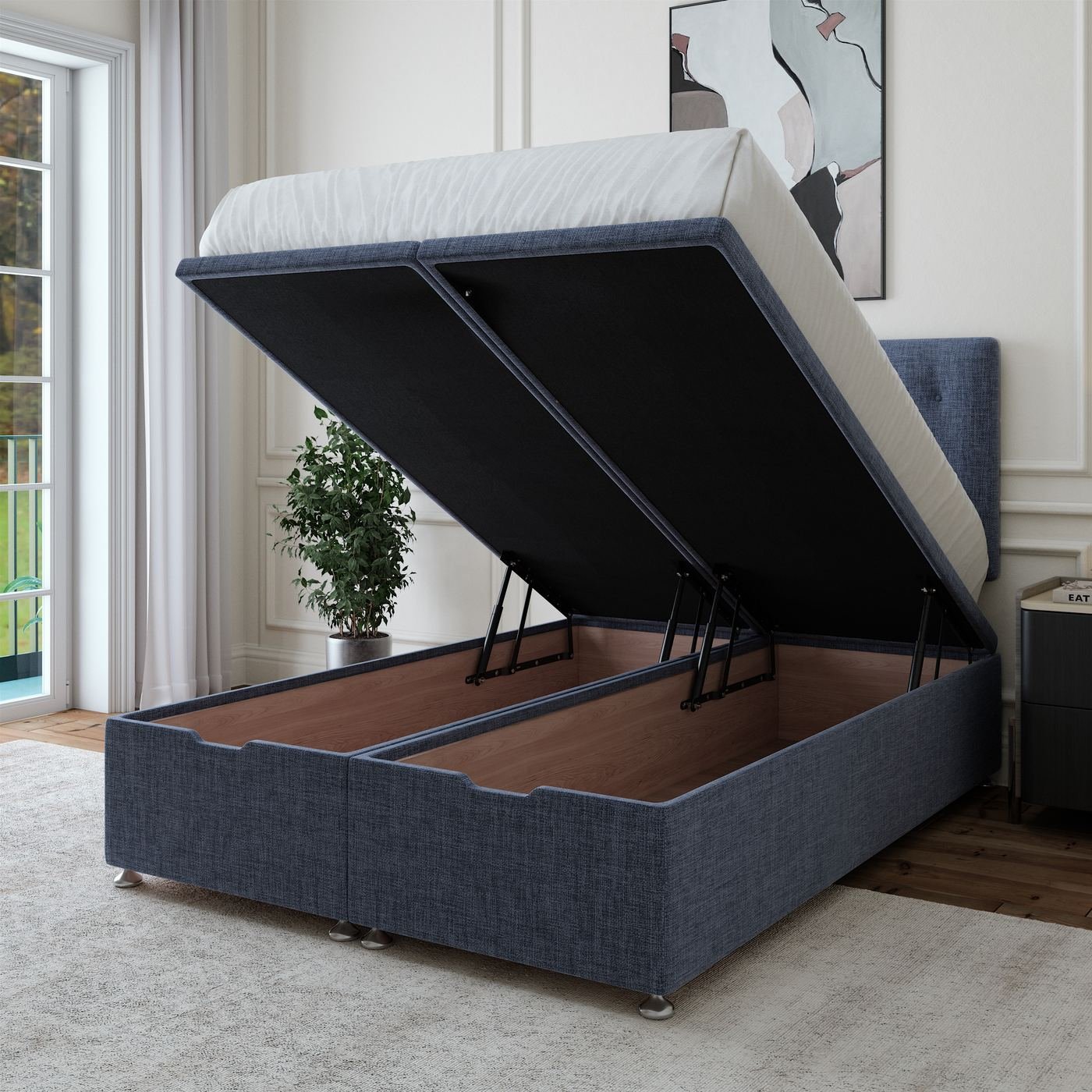 Linen Ottoman Storage Bed - Midnight