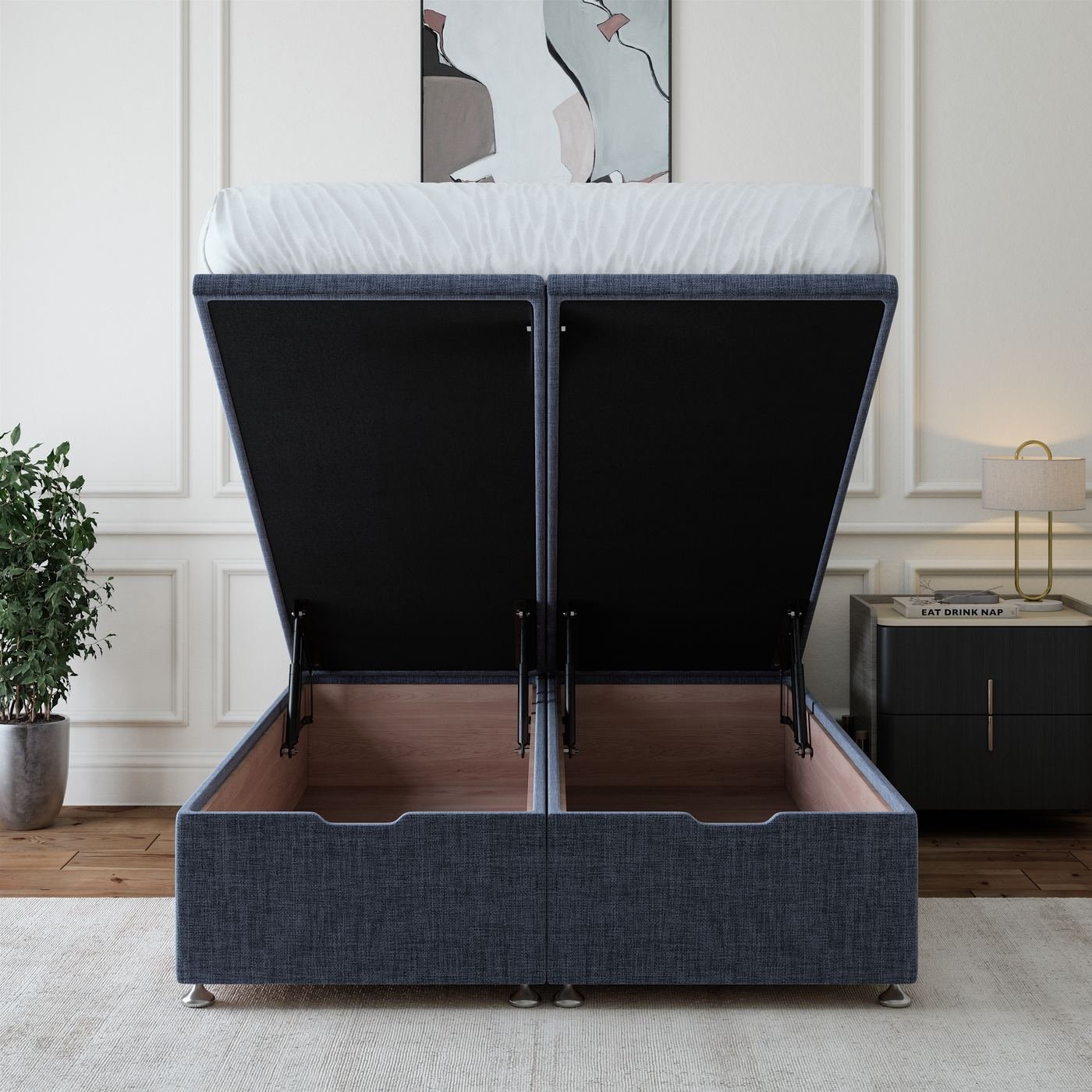 Linen Ottoman Storage Bed - Midnight