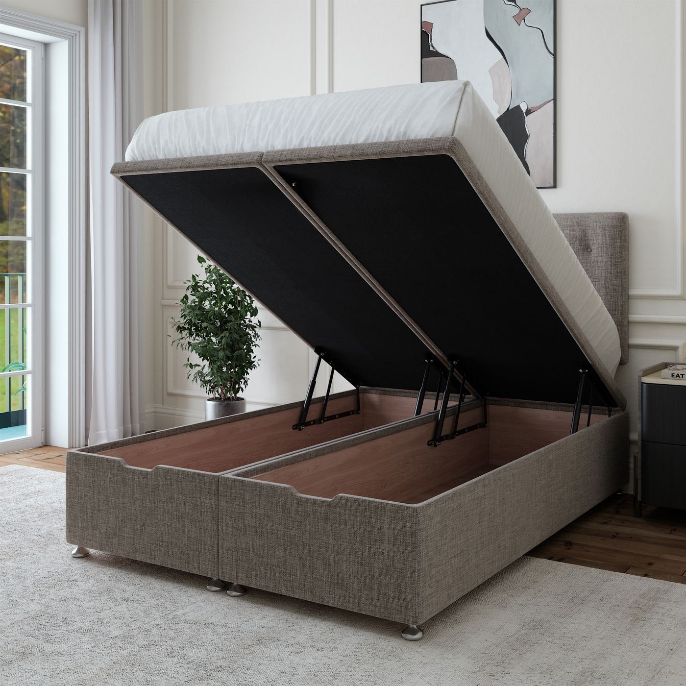 Linen Ottoman Storage Bed - Slate Grey